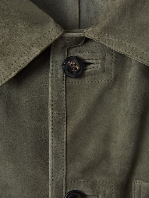 Suede Button-Through Jacket in Moss Green