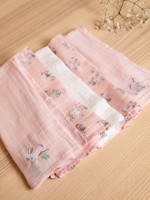 Pink Bunny 5 Pack Embroidered Muslin Squares JoJo Maman Bebe