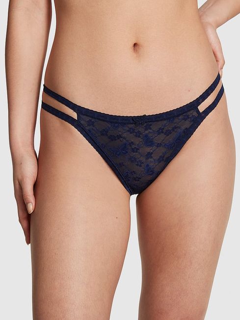 Victoria's Secret PINK Midnight Navy Blue Thong Butterfly Lace Knickers