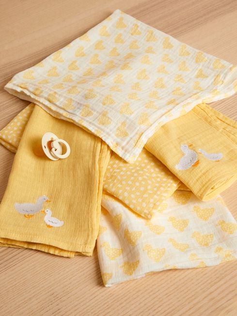 Yellow Duck 5 Pack Embroidered Muslin Squares