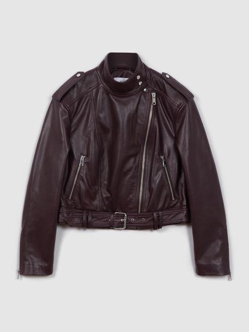 Cropped Leather Biker Jacket in Berry