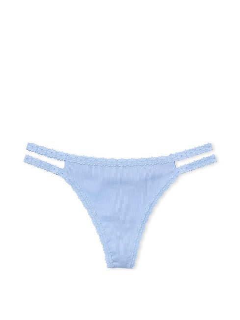 Victoria's Secret PINK Harbor Blue Lace Trim Rib Strappy Thong Knickers