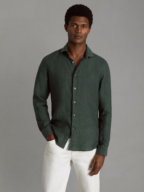 Reiss Dark Green Ruban Linen Button-Through Shirt