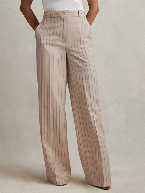 Reiss Neutral Odette Petite Wool Blend Striped Wide Leg Trousers