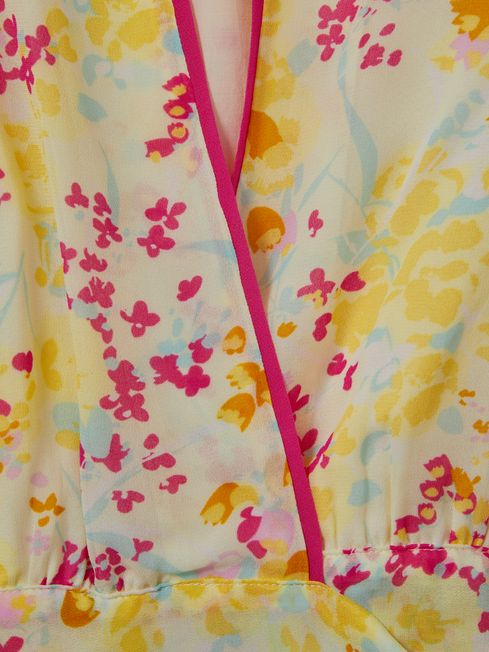 Floral Print Tie Waist Cropped Blouse in Pink/Yellow