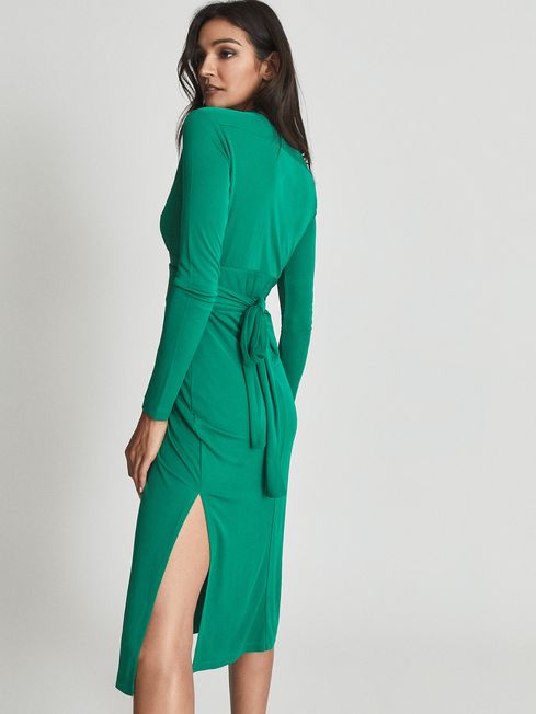 Viscose Plunge Neck Midi Dress in Green