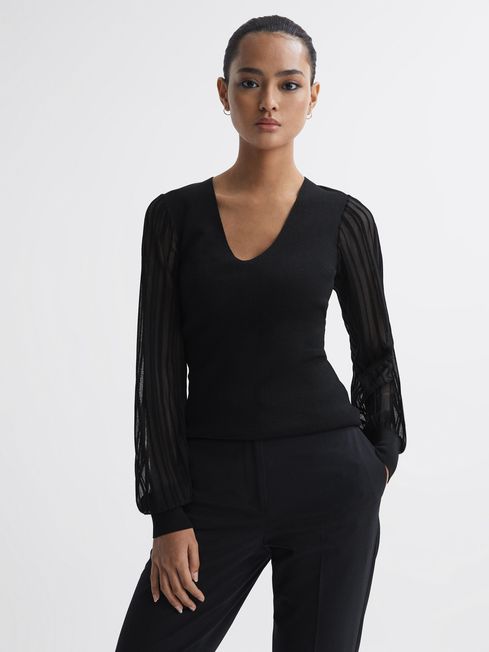 Reiss Black Brooklyn Sheer Sleeve V Neck Top
