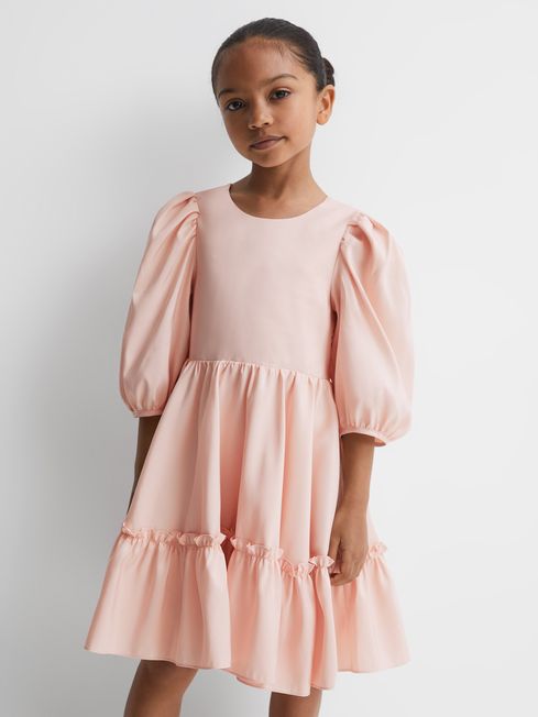 Reiss Pink Toby Junior Puff Sleeve Ruffle Mini Dress