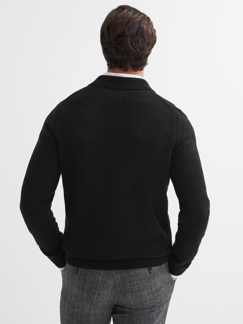 Wool Blend Half-Zip Polo Jumper in Black