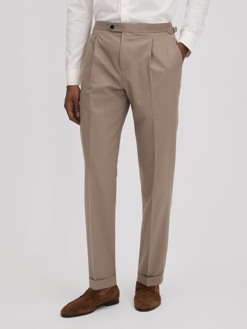 Reiss Taupe Valentine Slim Fit Wool Blend Trousers with Turn-Ups
