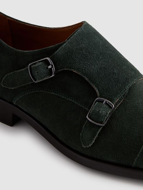 Suede Double Monk Strap Shoes in Forest Green