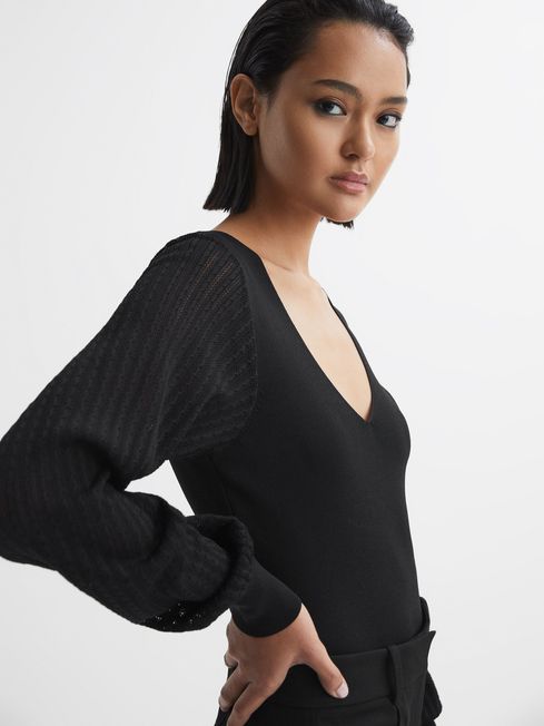 Reiss Black Lexi Knitted Sleeve V-Neck Top