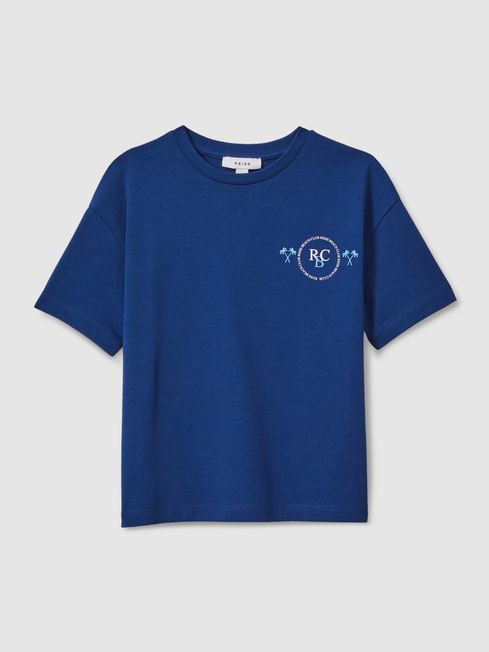 Reiss Lapis Blue Palm Cotton Crew Neck Motif T-Shirt