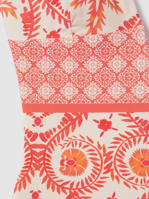 Printed Plunge Neck Swimsuit in Cream/Coral