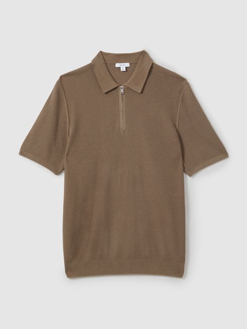 Textured Half-Zip Polo Shirt in Camel