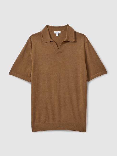 Merino Wool Open Collar Polo Shirt in Tobacco Brown