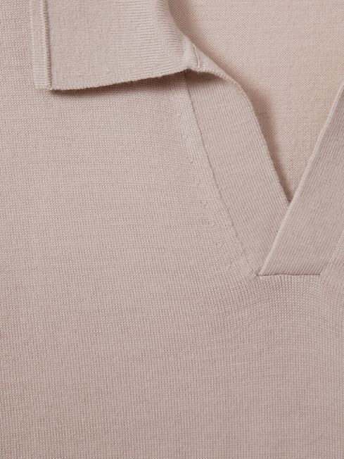 Merino Wool Open Collar Polo Shirt in Washed Stone