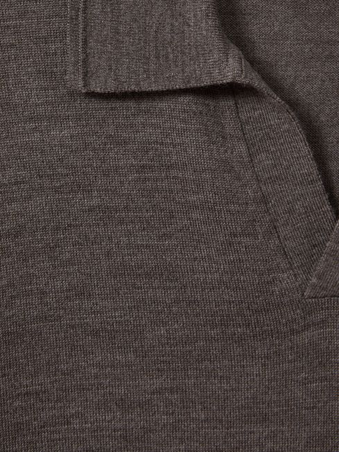 Merino Wool Open Collar Polo Shirt in Dark Brown Melange