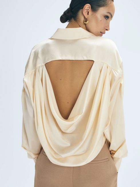 Reiss Cream Fleur Atelier Silk Drape Back Shirt