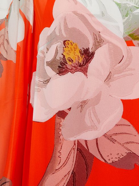 Florere Floral Asymmetric Midi Dress in Orange