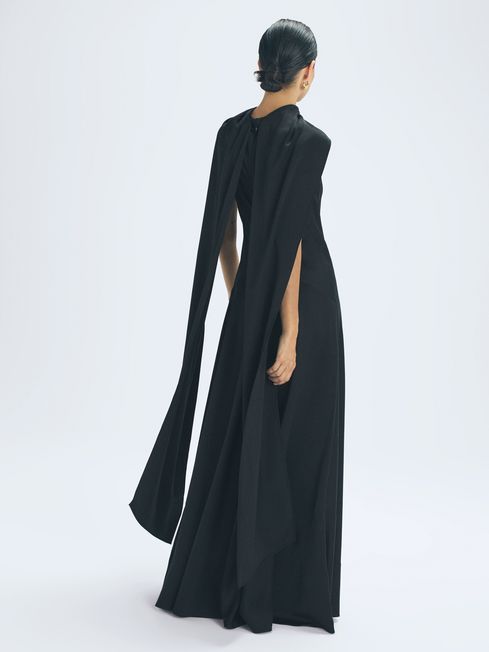 Reiss Black Keira Atelier Duchess Satin Cape Maxi Dress
