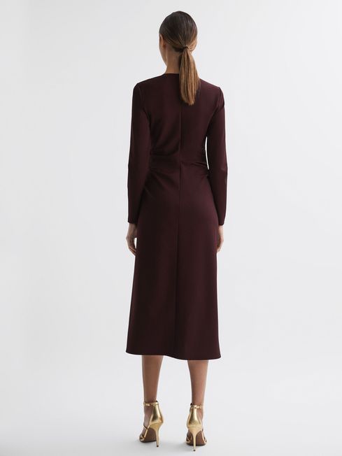 Ruched Bodycon Midi Dress in Burgundy