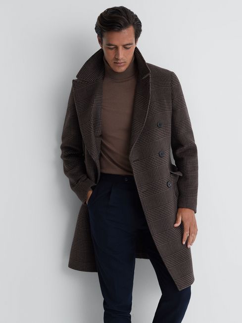 Reiss Brown Date Wool Check Double Breasted Coat