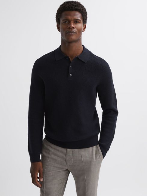 Reiss Navy Holms Wool Long Sleeve Polo Shirt