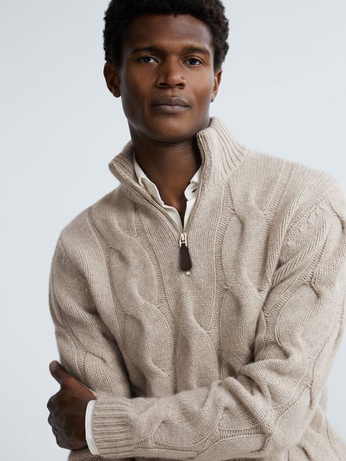 Atelier Cashmere Half Zip Funnel Neck Jumper in Oatmeal Melange REISS