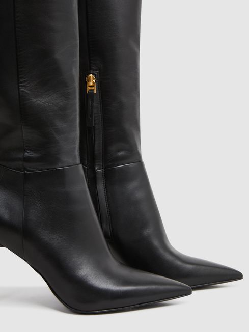 Leather Knee High Heeled Boots in Black