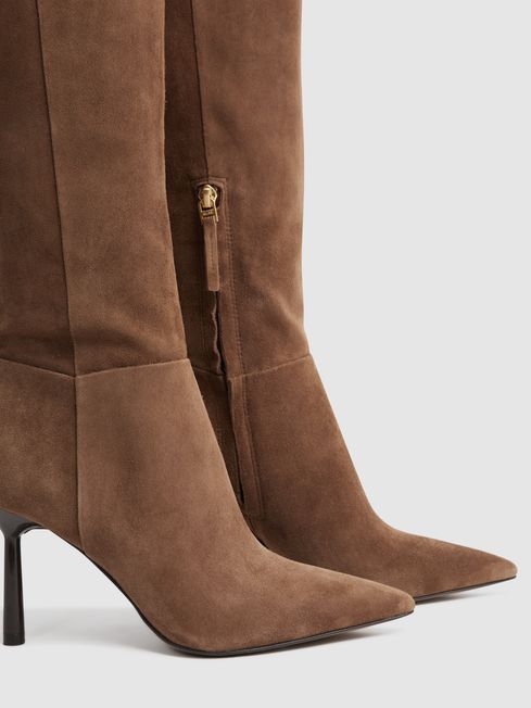 Leather Knee High Heeled Boots in Tan