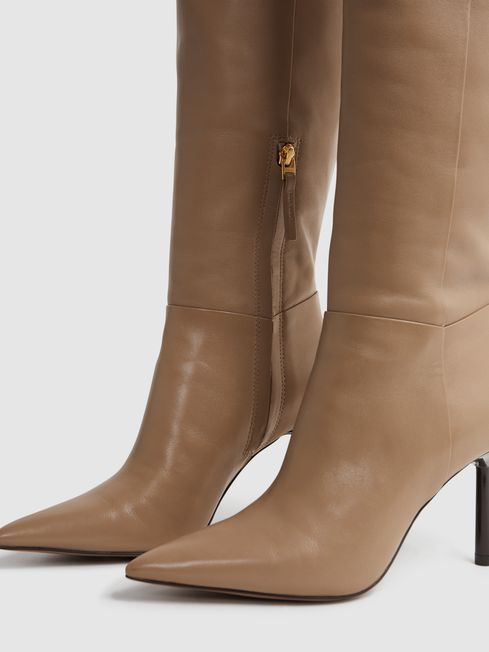 Leather Knee High Heeled Boots in Camel