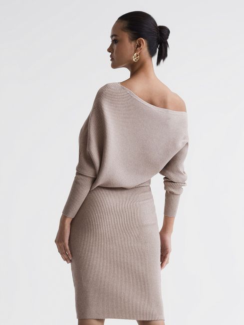 Off-The-Shoulder Ribbed Midi Dress in Neutral