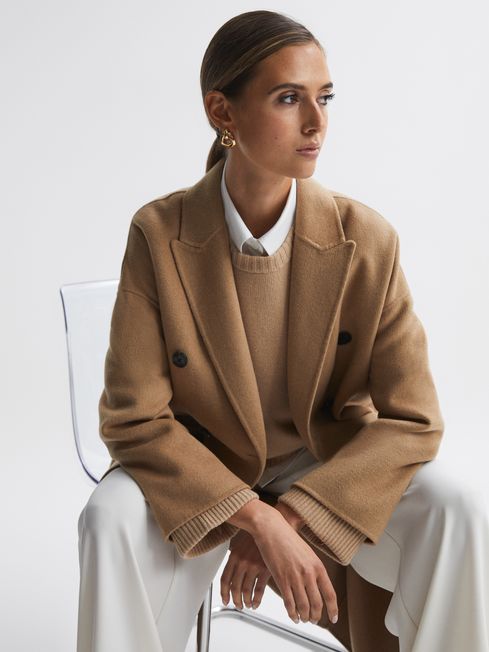 Relaxed Wool Blend Double Breasted Coat in Camel