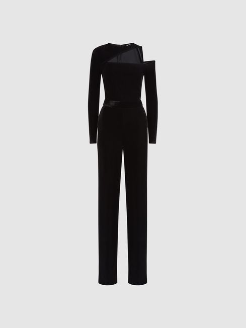 Reiss Black Adele Velvet Off The Shoulder Jumpsuit