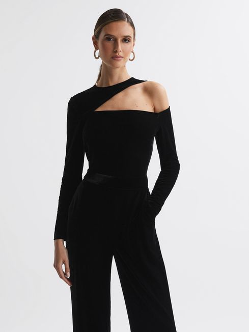 Black velvet off the shoulder jumpsuit cheap