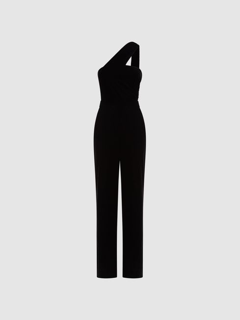 Reiss Black Winter Petite Velvet One-Shoulder Jumpsuit