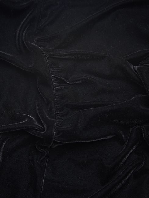 Velvet Ruched Midi Skirt in Black