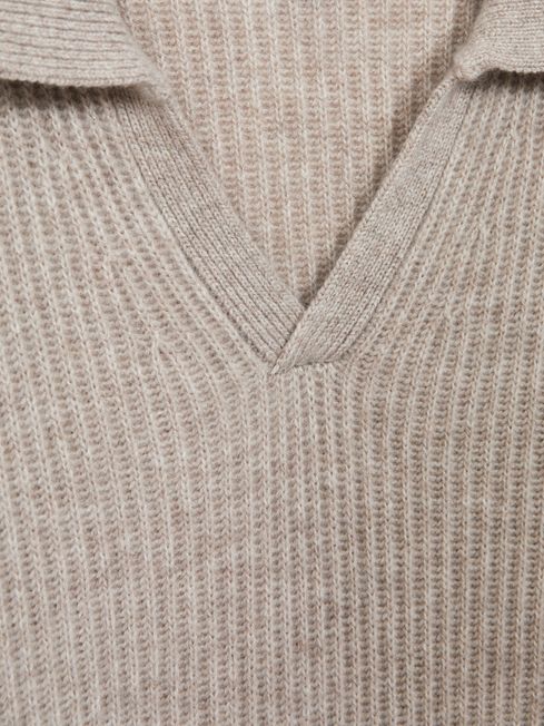 Atelier Cashmere Ribbed Open-Collar Top in Oatmeal Melange