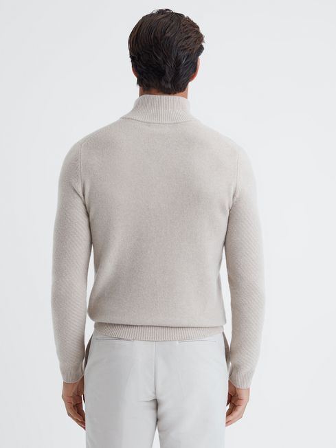 Slim Fit Knitted Half-Zip Funnel Neck Jumper in Oatmeal Melange