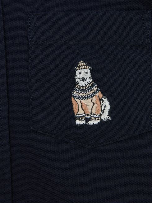 Junior Slim Fit Button-Down Collar Motif Shirt in Navy