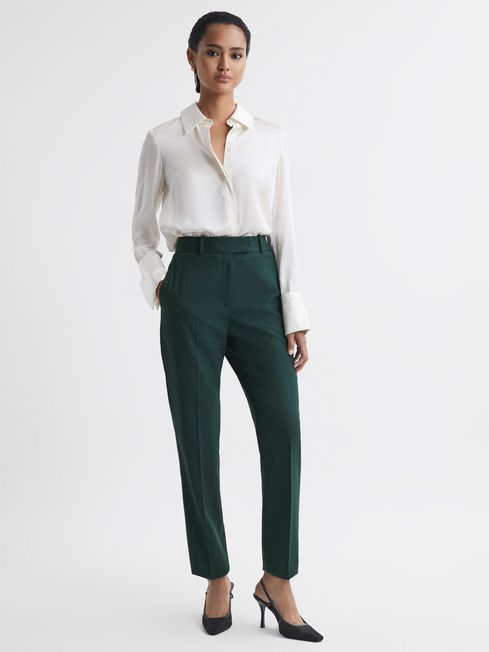 Slim Fit Wool Blend Mid Rise Suit Trousers in Bottle Green