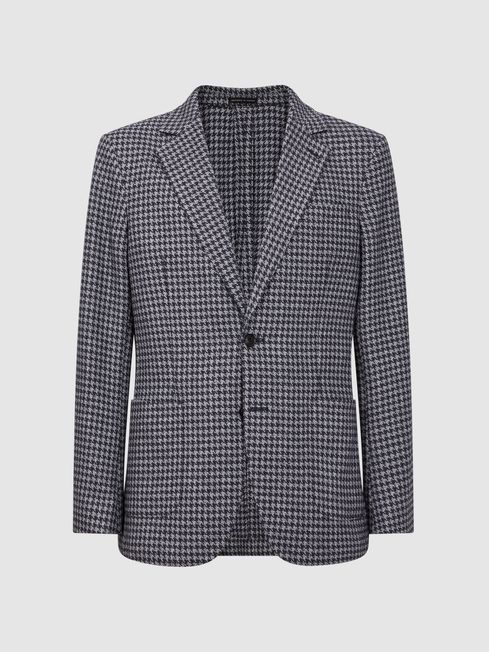 Slim Fit Wool Blend Dogtooth Blazer in Navy REISS