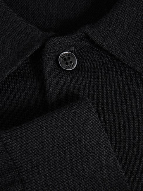 Reiss Black Trafford Merino Wool Polo Shirt