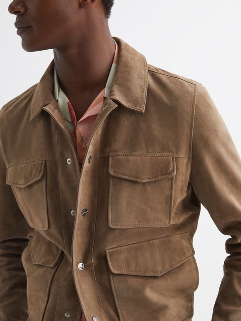 Reiss Taupe Ballina Suede Pocket Front Jacket