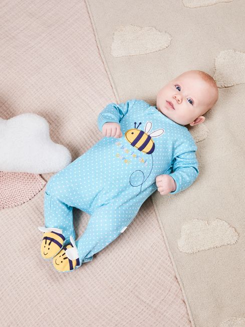 Duck Egg Blue Bee Applique Zip Sleepsuit