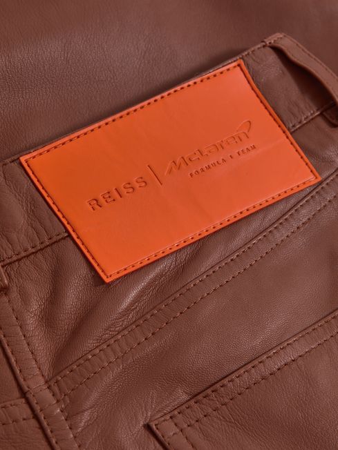 McLaren F1 Cropped Leather Trousers in Tan