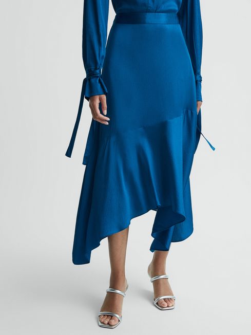 Hammered Satin Midi Skirt in Dark Blue