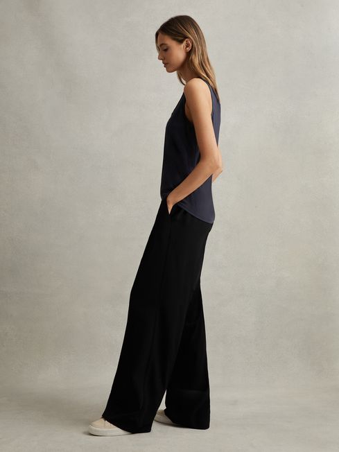 Petite Half Elasticated Wide Leg Trousers in Black