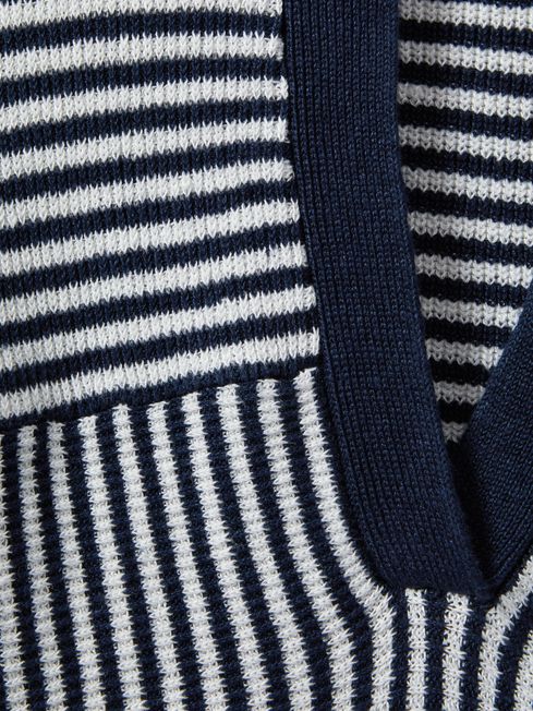 Linen Blend Open Collar Striped Polo Shirt in Navy/Ivory